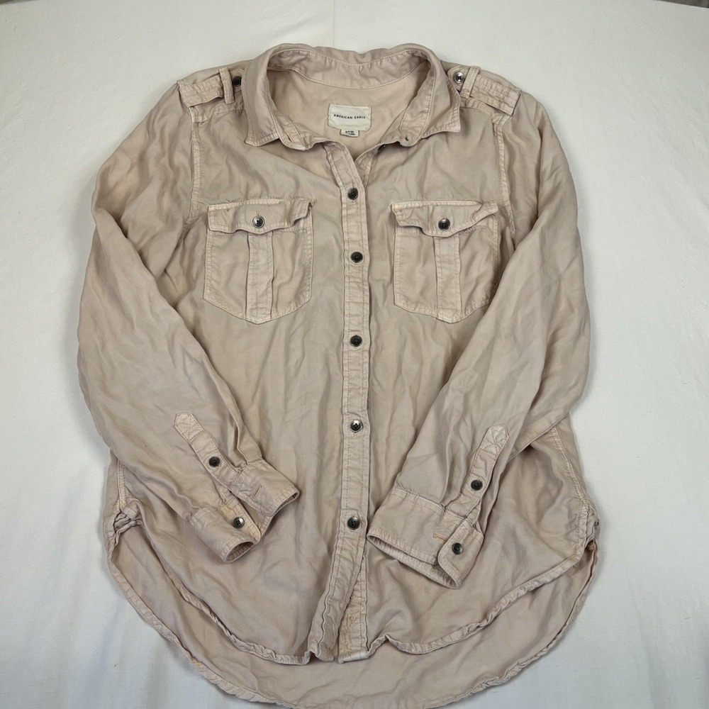 American Eagle Women Small Tan Utility Button Down Shirt Epaulette Long Sleeve